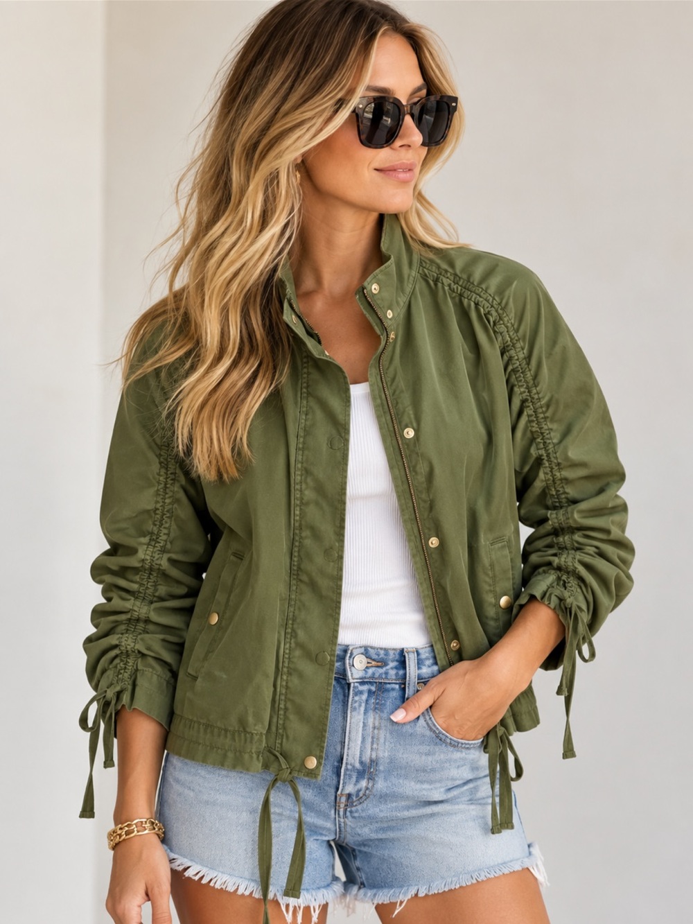 J.CREW Ruched Sleeve Field Utility Military Jacket
